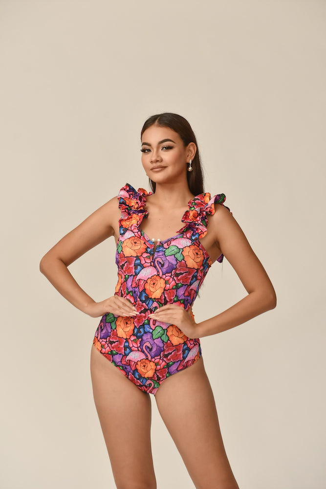 Traje de baño dama tirantes entero control abdominal Tehuana Tropical