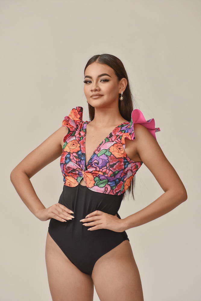 Traje de baño dama con volantes combinado entero control abdominal Tehuana Tropical Bicolor