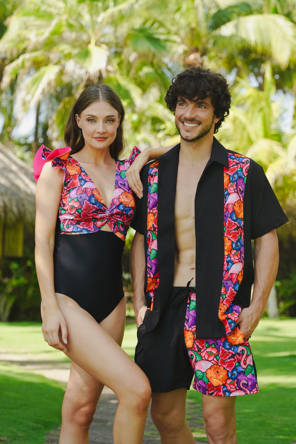Traje de baño dama con volantes combinado entero control abdominal Tehuana Tropical Bicolor