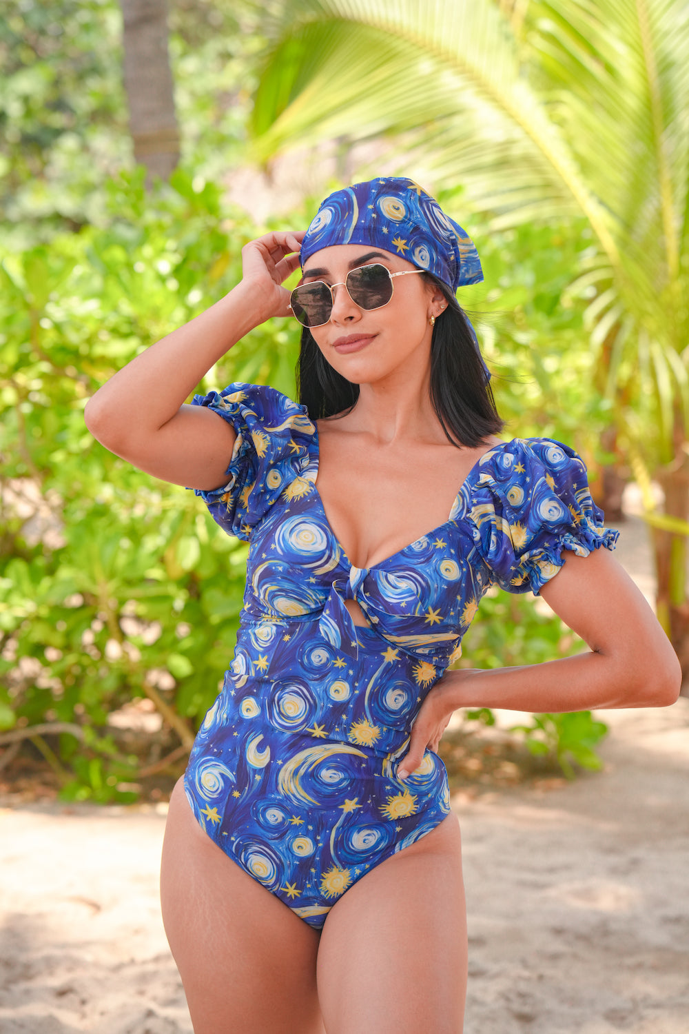 Traje de baño dama entero control abdominal mangas globo Noche estrellada