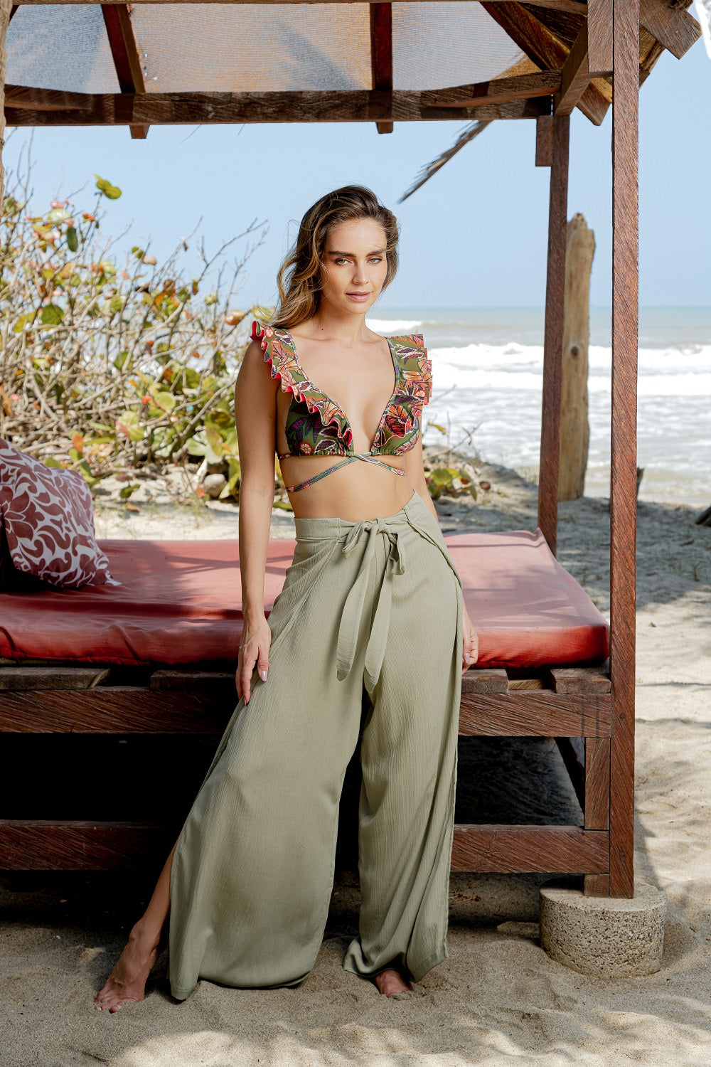 Ladies beach exit eucalyptus green wrap pants
